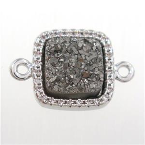 silver druzy quartz square connector pave zircon, platinum plated, approx 12x12mm [GM11098]