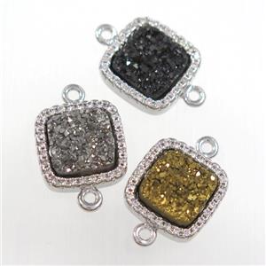 mixed color druzy quartz square connector pave zircon, platinum plated, approx 12x12mm [GM11102]