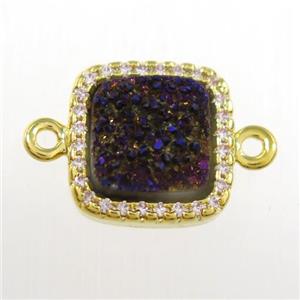purple druzy quartz square connector pave zircon, gold plated, approx 12x12mm [GM11105]