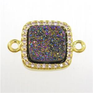 rainbow druzy quartz square connector pave zircon, gold plated, approx 12x12mm [GM11106]