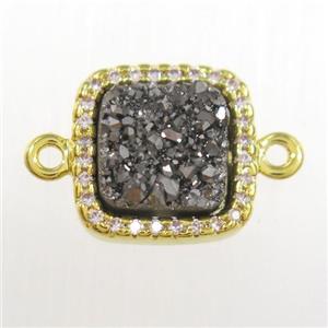 silver druzy quartz square connector pave zircon, gold plated, approx 12x12mm [GM11108]