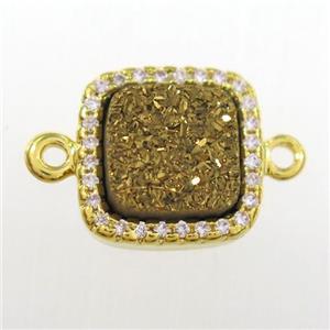 golden druzy quartz square connector pave zircon, gold plated, approx 12x12mm [GM11109]