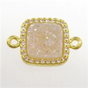 white ab-color druzy quartz square connector pave zircon, gold plated, approx 12x12mm [GM11111]