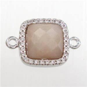 peach moonstone square connector pave zircon, platinum plated, approx 12x12mm [GM11114]