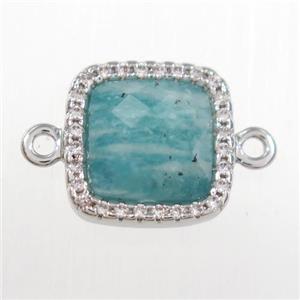 green Amazonite square connector pave zircon, platinum plated, approx 12x12mm [GM11116]