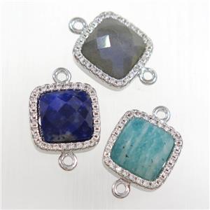 mix gemstone square connector pave zircon, platinum plated, approx 12x12mm [GM11118]