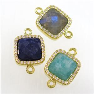 mixed gemstone square connector pave zircon, gold plated, approx 12x12mm [GM11124]