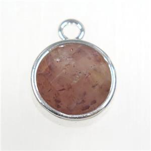Strawberry Quartz circle pendant, platinum plated, approx 10mm dia [GM11134]