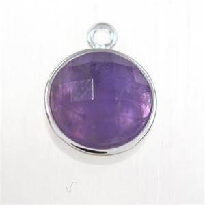 purple Amethyst circle pendant, platinum plated, approx 10mm dia [GM11136]