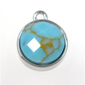 blue Turquoise circle pendant, platinum plated, approx 10mm dia [GM11143]