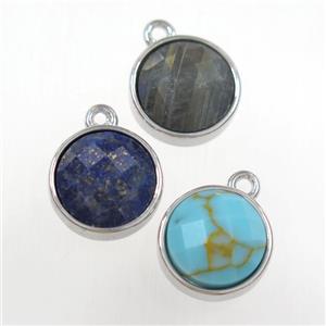mixed gemstone circle pendant, platinum plated, approx 10mm dia [GM11144]