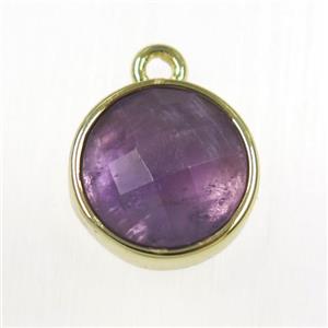 purple Amethyst circle pendant, gold plated, approx 10mm dia [GM11149]