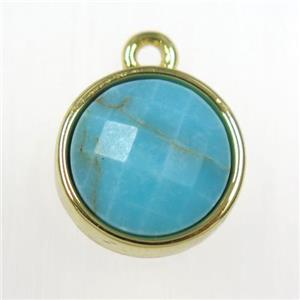 blue Turquoise circle pendant, gold plated, approx 10mm dia [GM11156]