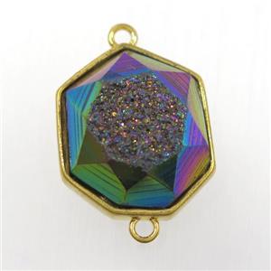 rainbow druzy agate connector, hexagon, gold plated, approx 17-20mm [GM11176]