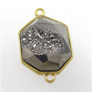 silver Druzy Agate connector, hexagon, gold plated, approx 17-20mm [GM11177]