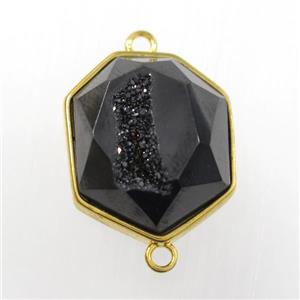 black druzy agate connector, hexagon, gold plated, approx 17-20mm [GM11179]