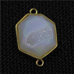 white AB-color druzy agate connector, hexagon, gold plated, approx 17-20mm [GM11180]