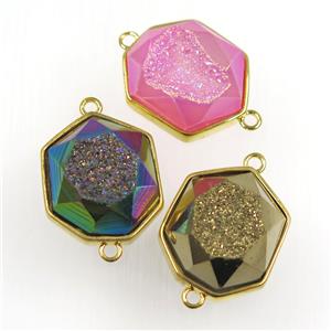 mixed color druzy agate connector, hexagon, gold plated, approx 17-20mm [GM11181]
