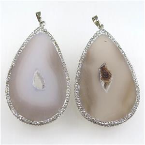 druzy agate slice pendants paved rhinestone, treadrop, approx 30-60mm [GM11244]