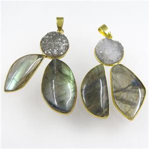 Labradorite pendants with druzy, freeform, gold plated, approx 30-40mm [GM11248]