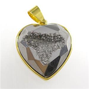silver Druzy Agate heart pendant, approx 18mm dia [GM11402]