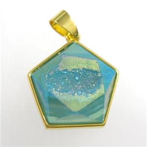peacock green Druzy Agate polygon pendant, approx 18mm dia [GM11410]