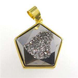 silver Druzy Agate polygon pendant, approx 18mm dia [GM11412]