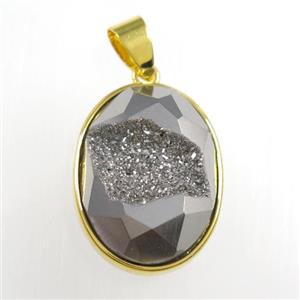 silver Druzy Agate oval pendant, approx 15-20mm [GM11432]