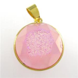 pink Druzy Agate circle pendant, approx 18mm dia [GM11465]