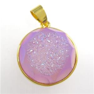 purple Druzy Agate circle pendant, approx 18mm dia [GM11466]