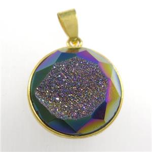 rainbow Druzy Agate circle pendant, approx 18mm dia [GM11469]