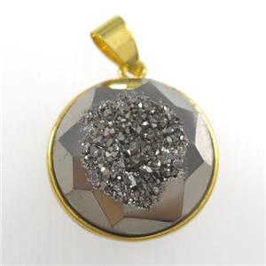 silver Druzy Agate circle pendant, approx 18mm dia [GM11470]