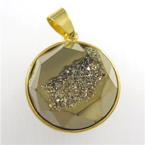 golden Druzy Agate circle pendant, approx 18mm dia [GM11471]