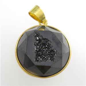 black Druzy Agate circle pendant, approx 18mm dia [GM11472]