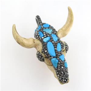 resin bullhead pendant paved rhinestone with turquoise, approx 45-50mm [GM11626]