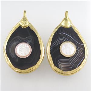 black stripe agate pendant, teardrop, gold plated, approx 40-60mm [GM11633]
