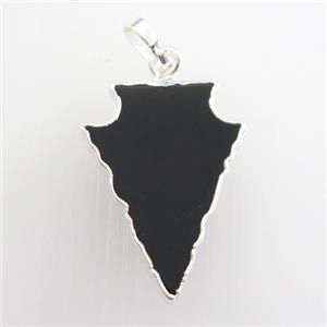 black Onyx Agate pendant, arrowhead, silver plated, approx 15-20mm [GM11649-S]