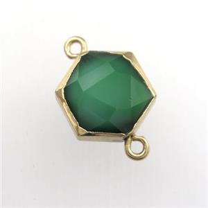 green Crystal glass connector, hexagon, gold plated, approx 14mm dia [GM11698]