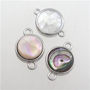 mix color Paua Abalone shell connector, circle, platinum plated, approx 12mm dia [GM11709]