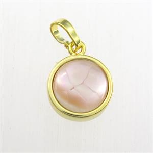 pink Paua Abalone shell pendant, circle, gold plated, approx 12mm dia [GM11715]