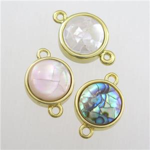 mixed color Paua Abalone shell connector, circle, gold plated, approx 12mm dia [GM11723]