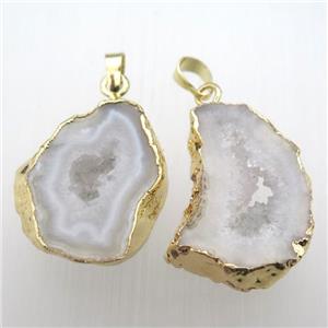 white druzy agate slice pendant, freeform, gold plated, approx 23-35mm [GM11843]