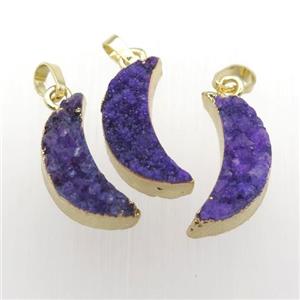 purple Quartz Druzy moon pendants, gold plated, approx 7-20mm [GM11877-S]