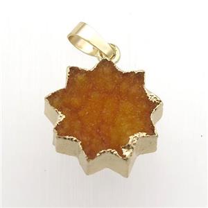 orange Druzy Quartz sunflower pendant, gold plated, approx 20mm dia [GM11899]
