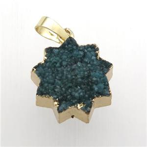 peacock green Druzy Quartz sunflower pendant, gold plated, approx 20mm dia [GM11901]