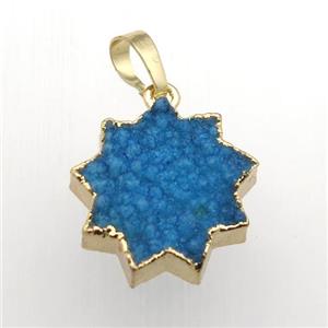 blue Druzy Quartz sunflower pendant, gold plated, approx 20mm dia [GM11902]