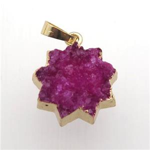 hotpink Druzy Quartz sunflower pendant, gold plated, approx 20mm dia [GM11903]