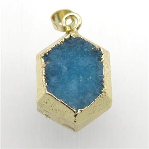 blue Druzy Quartz hexagon pendant, gold plated, approx 18-25mm [GM11909]