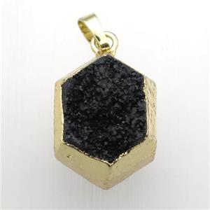 black Druzy Quartz hexagon pendant, gold plated, approx 18-25mm [GM11910]