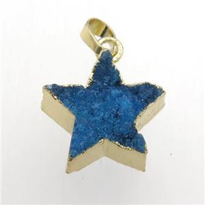 blue Druzy Quartz star pendant, gold plated, approx 20mm dia [GM11912]